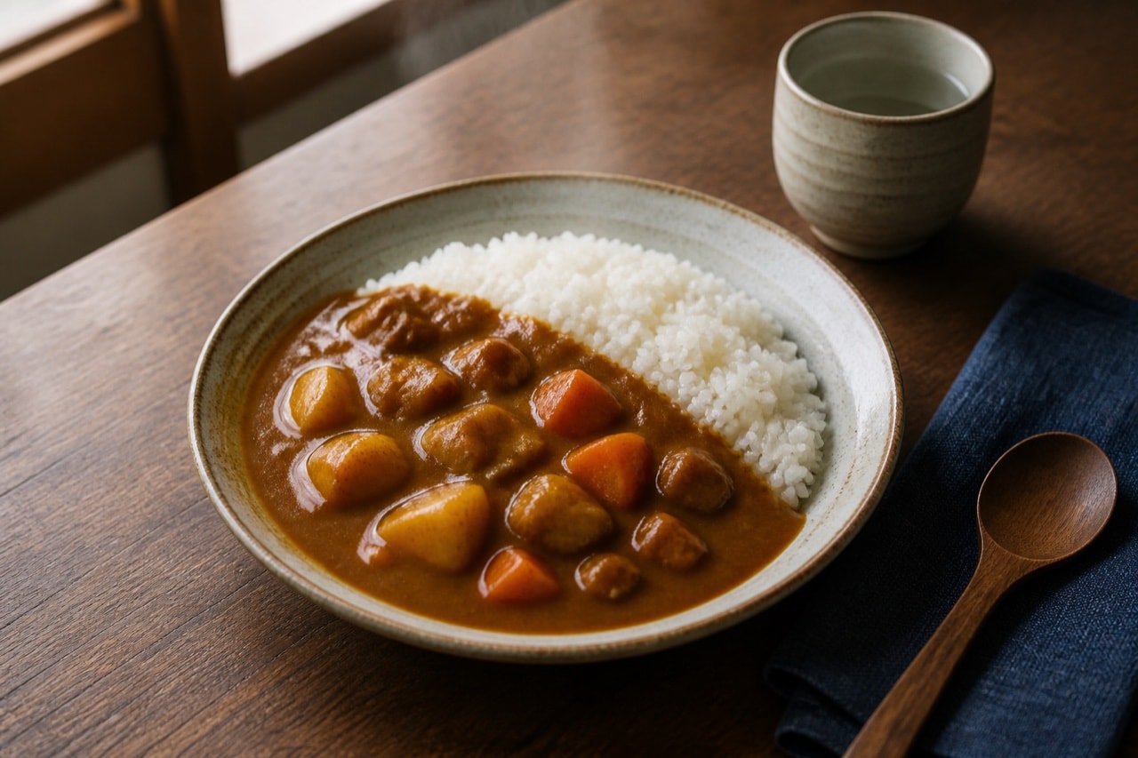 白い器に盛ったカレーライスの編集写真